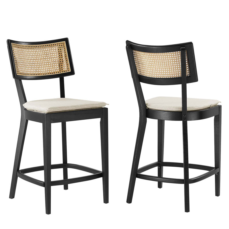 Caledonia Black and Beige Wood Counter Stools with Rattan Backrest