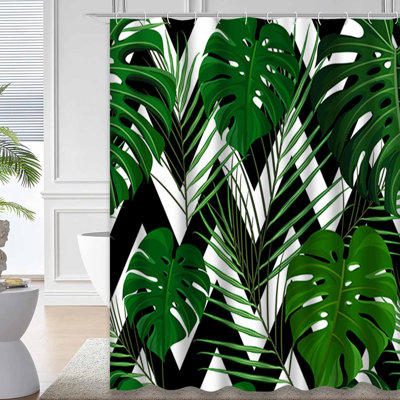 Rideau de douche abstrait vert été à motif de feuilles de palmier exotique tropical vert foncé avec 12 crochets