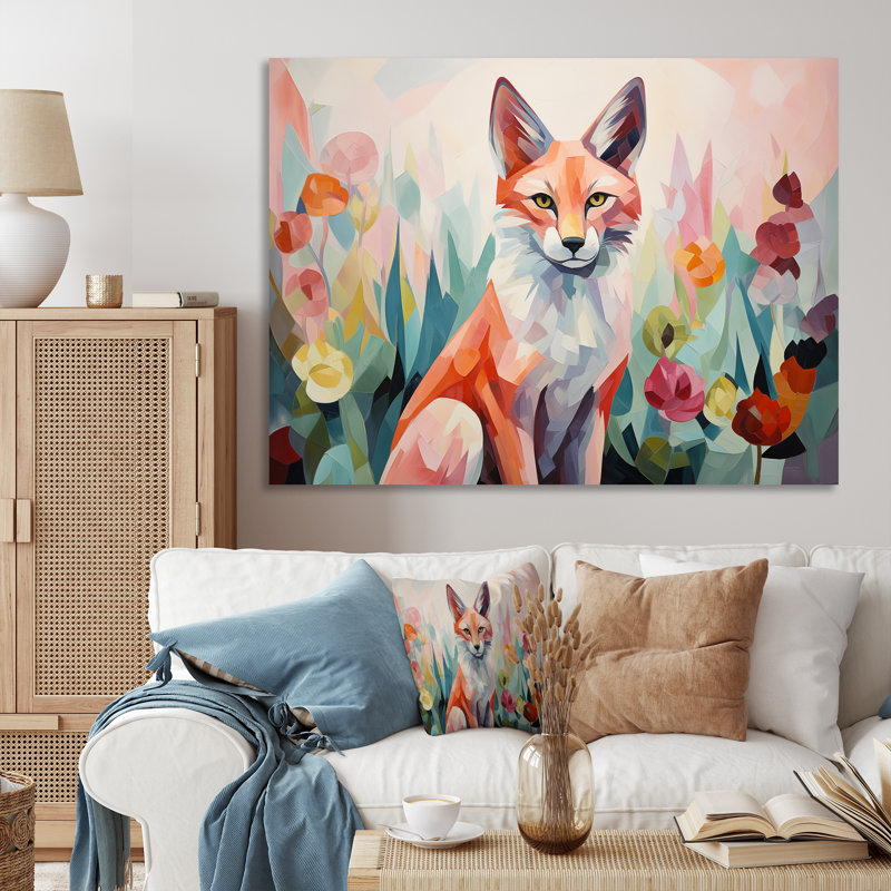 Art mural orange et rose, renard dans un style matte I - Renard, Toile tendue, H 34 po x l 44 po x P 1,5 po