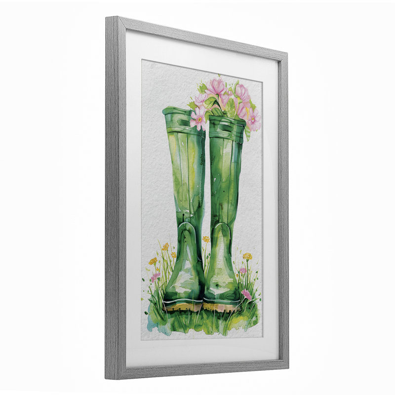 «Stupell Industries Spring Blooms Green Rainboots Under Glass», art mural encadré par Daisy A., Cadre de ferme gris