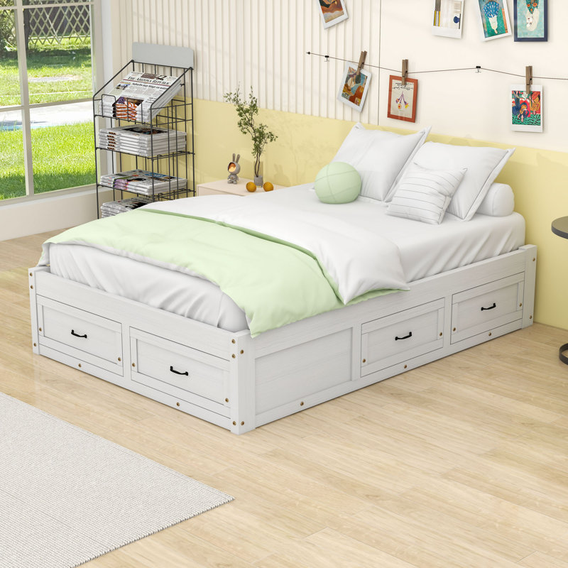 Wooden Platform Bed with 6 Drawers, Antique White, Full