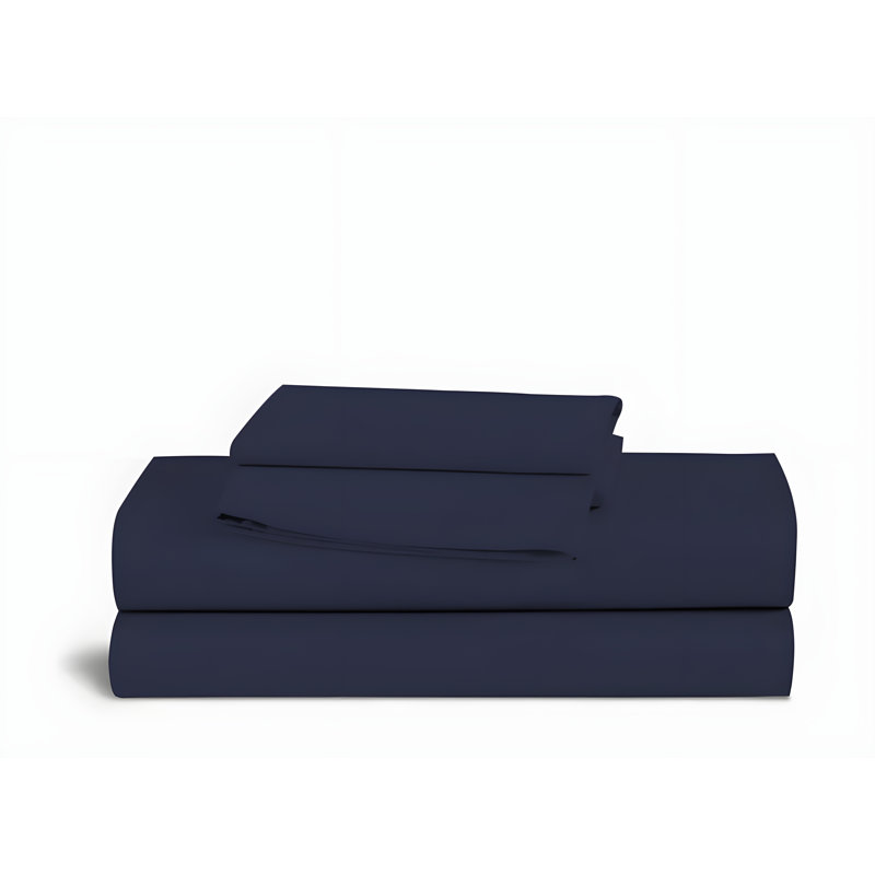 400TC Sateen Solid Cotton 4 Piece Sheet Set Fitted Sheet Fits Upto 16" Deep Pocket, Twin XL Sheet Set, Navy Blue