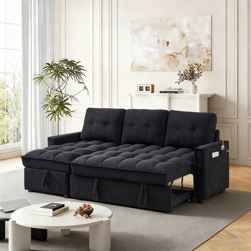 Canapé-lit en L coulissant, canapé-lit moderne avec méridienne réversible avec rangement, canapé-lit modulaire capitonné en velours avec ports USB et poches latérales pour le salon, la chambre à coucher