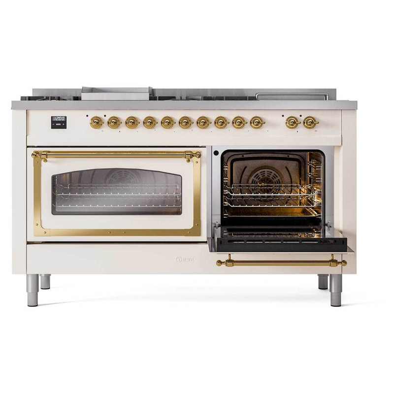ILVE Nostalgie II Noblesse 60 in Dual Fuel Range 7 Burner, Griddle, Frenchtop, Antique White/Brass, Natural Gas