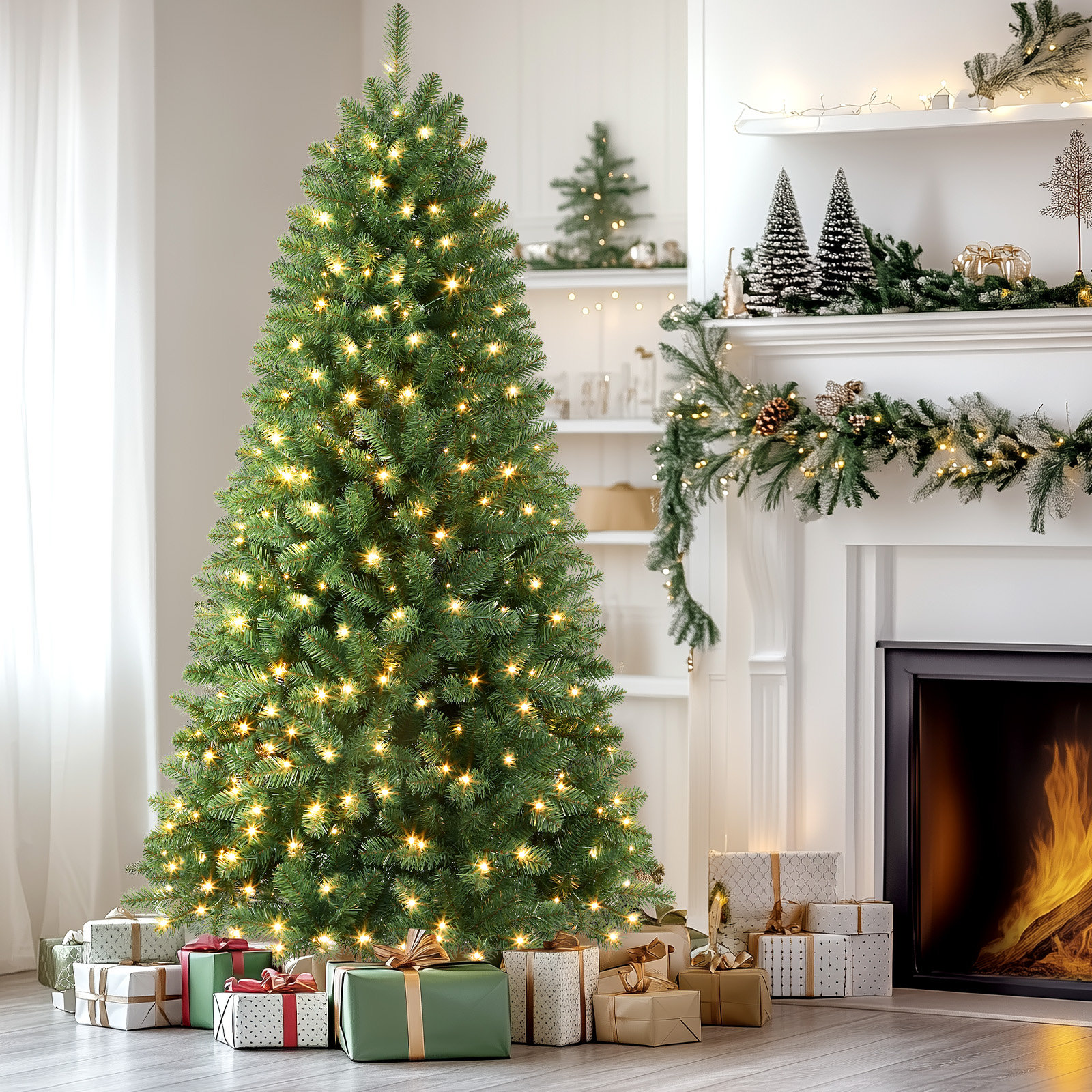 Prelit Artificial Hinged Christmas Tree With Warm White Lights, 7.5'