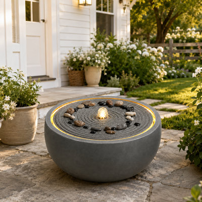 Modern Outdoor Bowl Fountain with Ripple Top, Resin Water Feature with Cobblestone and Led Light