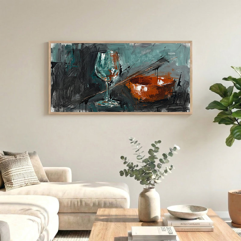 Tableau abstrait sur toile turquoise représentant un verre à vin et un bol de rouille, L 46 po x H 24 po