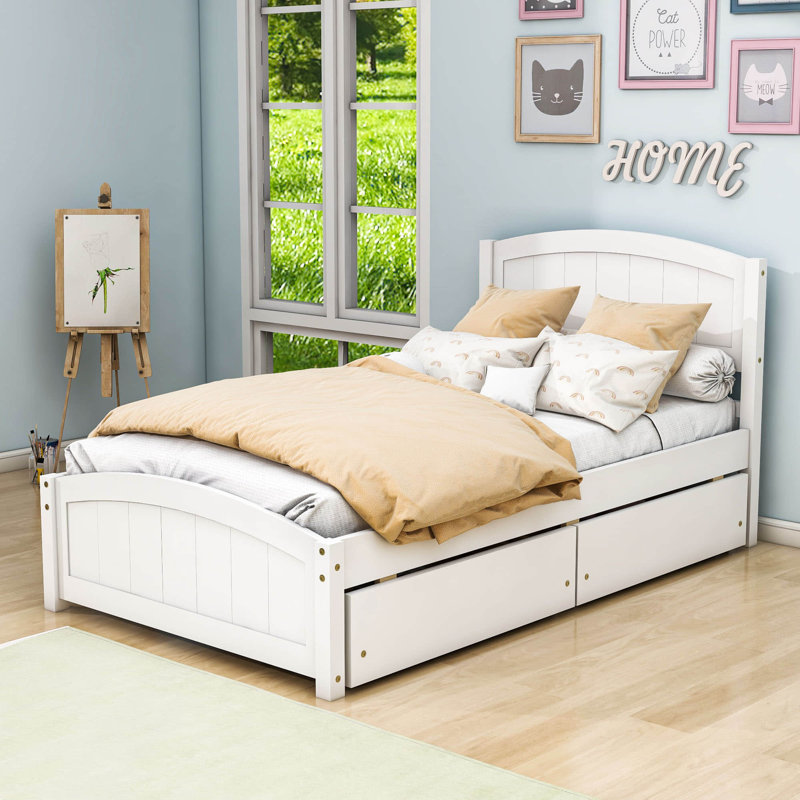 Twin Size 2 Drawers Wood Platform Bed with Headboard, White