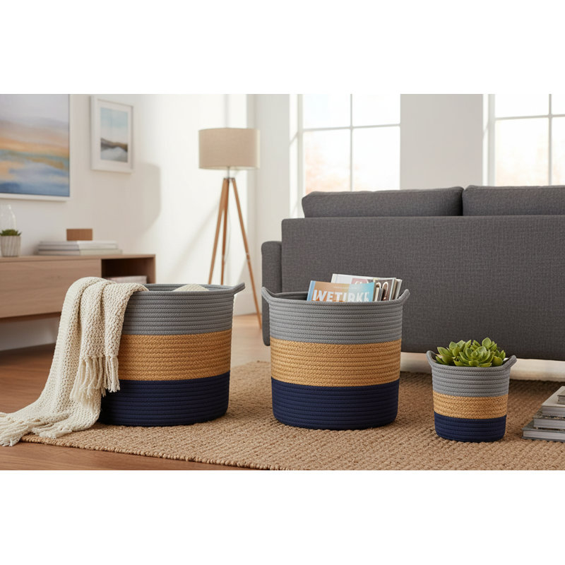 3-piece Set Storage Basket Woven Laundry Hamper With Handle
