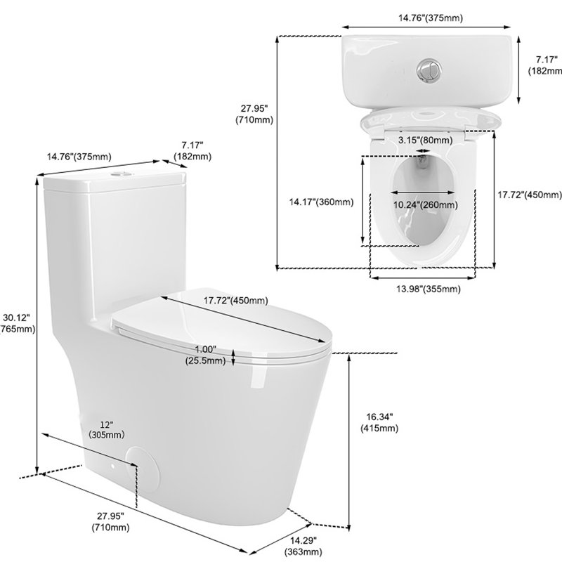 White Ceramic Toilet, 1.1/1.6 , Elongated, Comfortable, Soft Close Seat, & , T036wt One Comfort Height, White,