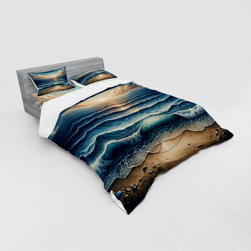 Ensemble de literie Ambesonne Seascape & Blue Pale Brown, Housse de couette très grand lit californien + 3