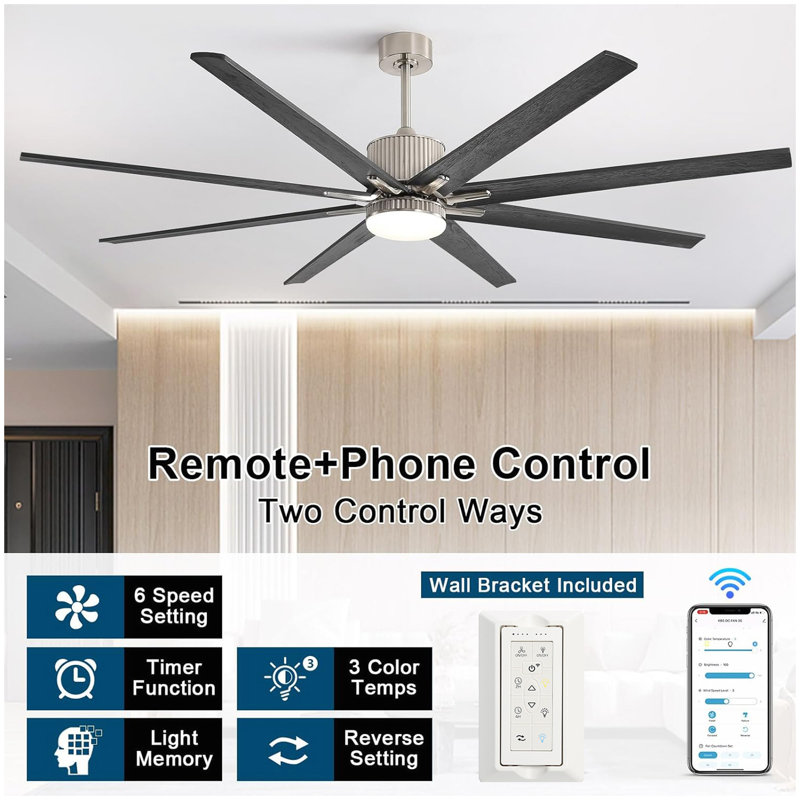 Ventilateur de plafond à moteur à courant continu de 76 pouces avec lumière contrôlée, 3 lumières DEL à intensité variable, 6 vitesses, réversible, télécommande, minuterie pour grande pièce