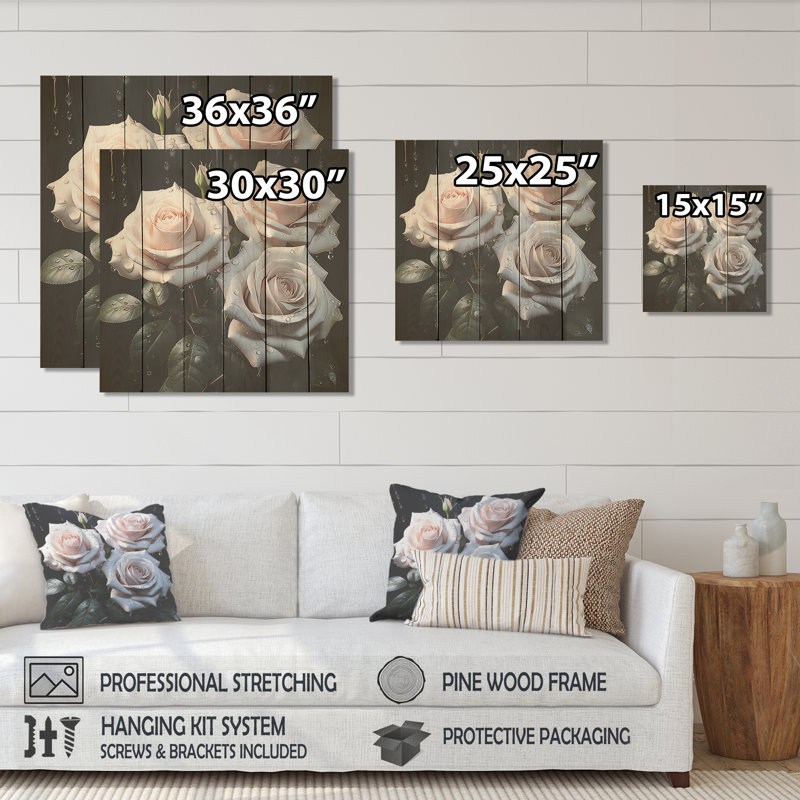 White And Green Classic Rose Resonance - Roses On Wood Print, 15" H x 15" W
