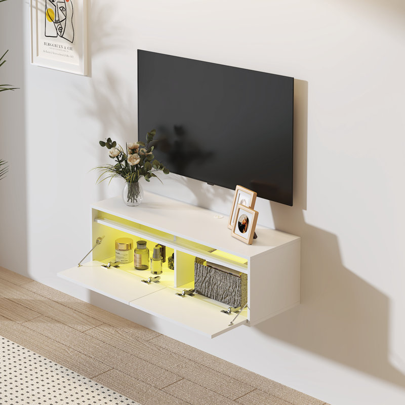Agnon Floating TV Stand with RGB LED, Storage & Cable Management, 100/200cm, White, 30cm H x 100cm L x 33cm W