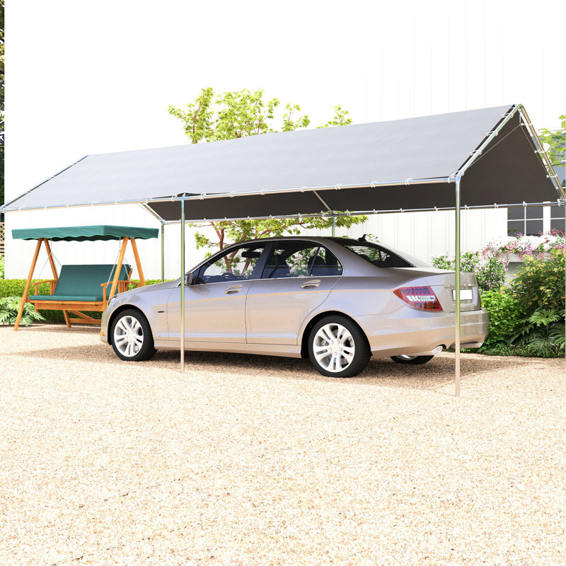 Abri d'auto robuste 10 pi x 20 pi, gris - acier galvanisé, ensemble d'ancrage inclus, 3 câbles spacieux, auvent de protection contre la pluie 10 pi x 20 pi, ensemble et vent