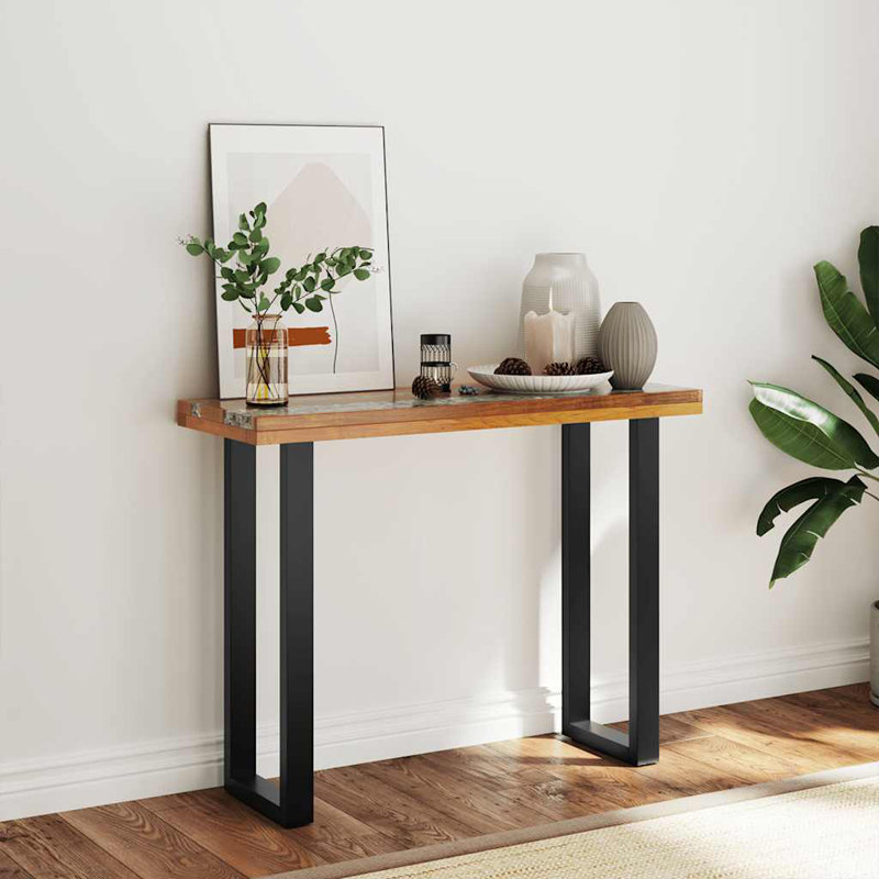 Console vidaXL avec incrustation de verre et de résine, table de bout rectangulaire avec pieds en bois noir, bois de teck, 39,4 po x 13,8 po x 29,5 po, noir et brun