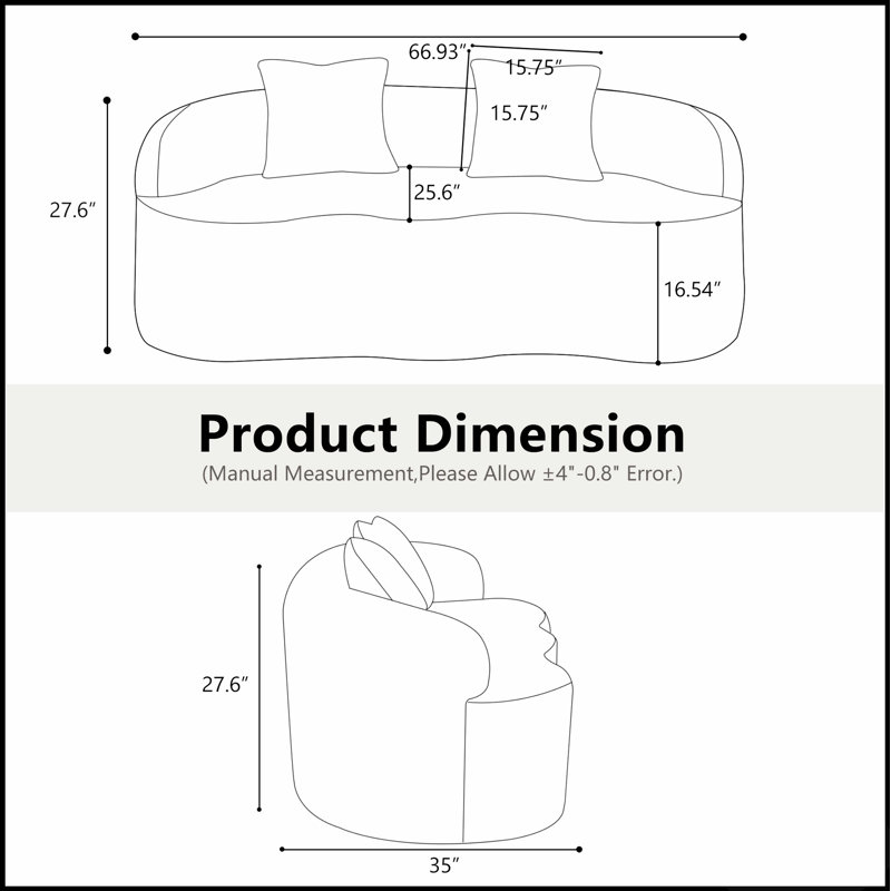Canapé gris incurvé avec accoudoir rond et 2 coussins, parfait pour les petits espaces et facile d'entretien, Gris