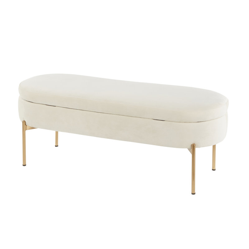 Contemporary/Glam Storage Bench in Gold Metal and Velvet, Cream