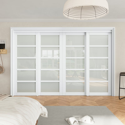120"W x 80"H 5 Lite White Frosted Glass and Solid Manufactured Wood Sliding Closet Doors with Installation Hardware Kit,No assembly Required