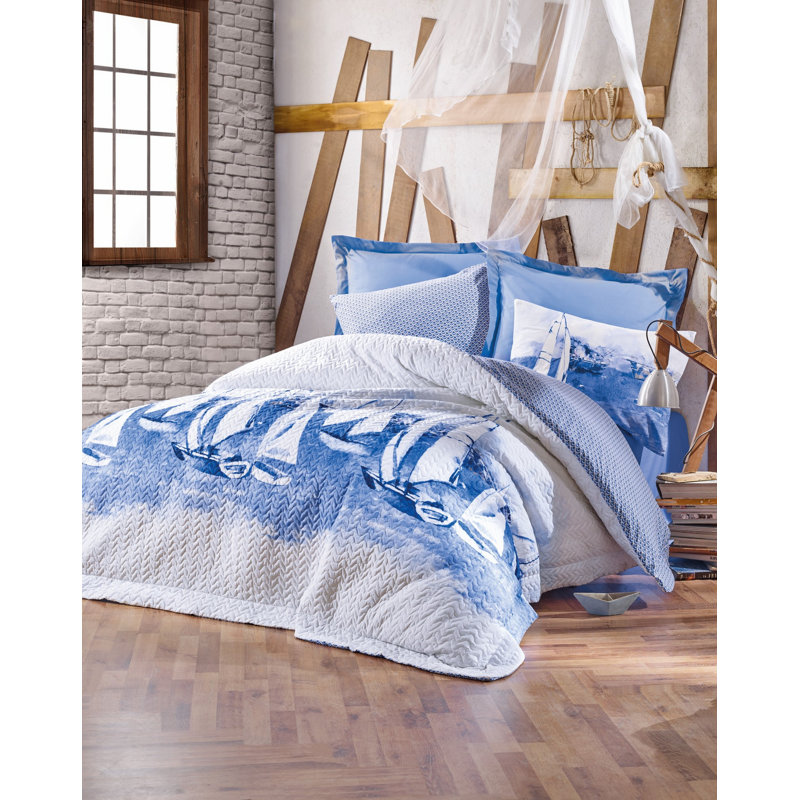 Ensemble de housse de couette 100% coton Phineas blanc / bleu 3 pièces