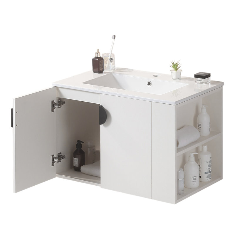 Meuble-lavabo compact en bois massif de 30 pouces avec lavabo et tablette de rangement ouverte, idéal pour les petites salles de bain et les salles d'eau.