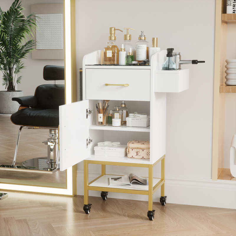 Chariot de salon avec porte-outils chaud, plateau en verre trempé et roulettes verrouillables pour l'organisation d'outils de coiffure