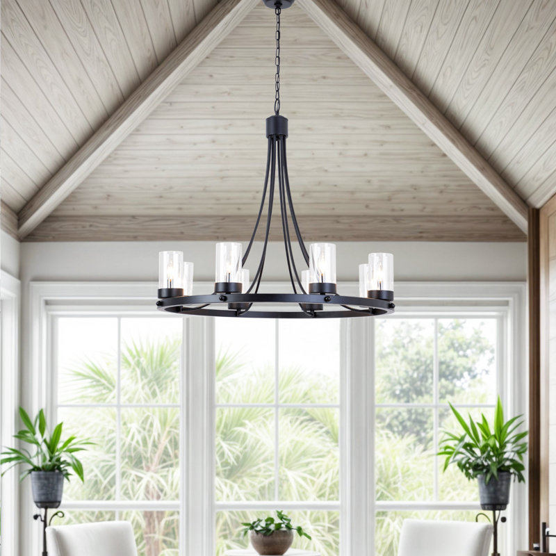 Barfleur 8 - Light 33"W Dimmable Wagon Wheel Black Tradtional Chandelier for Dining Room or Living Room, Satin Black