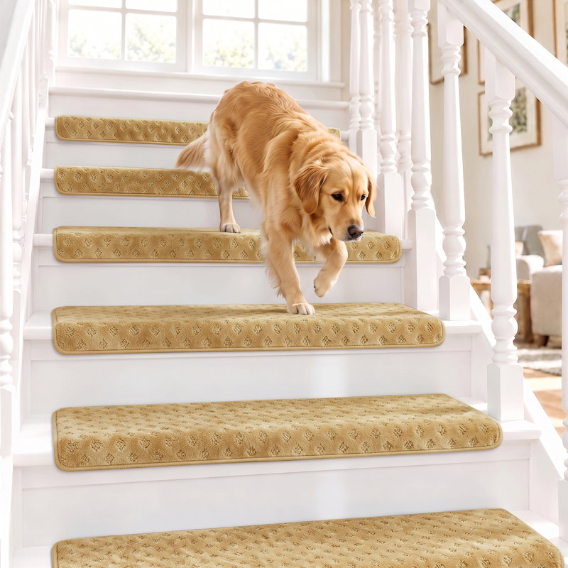 14 pièces de tapis d'escalier antidérapant pour escalier en bois Bullnose 9,5 po x 30 po, Grid, Kaki