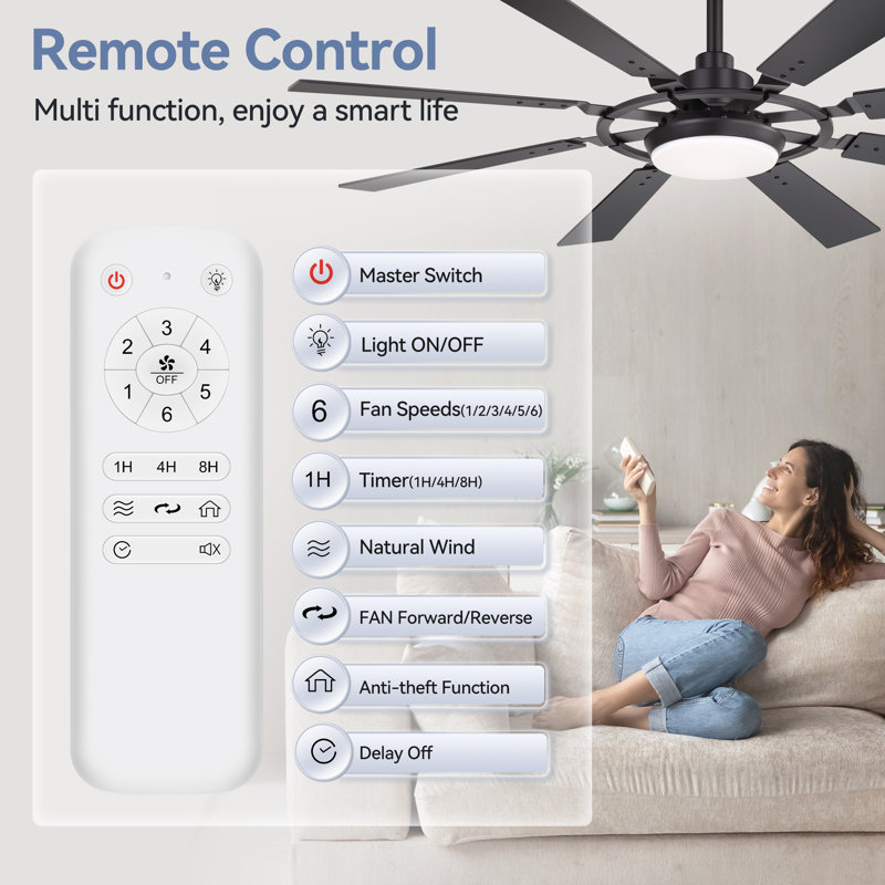 52 po. Ventilateurs de plafond noirs avec lumières - Ventilateur de plafond intérieur avec lumière et télécommande, 8 pales, ventilateur de plafond moderne réversible pour chambre à coucher