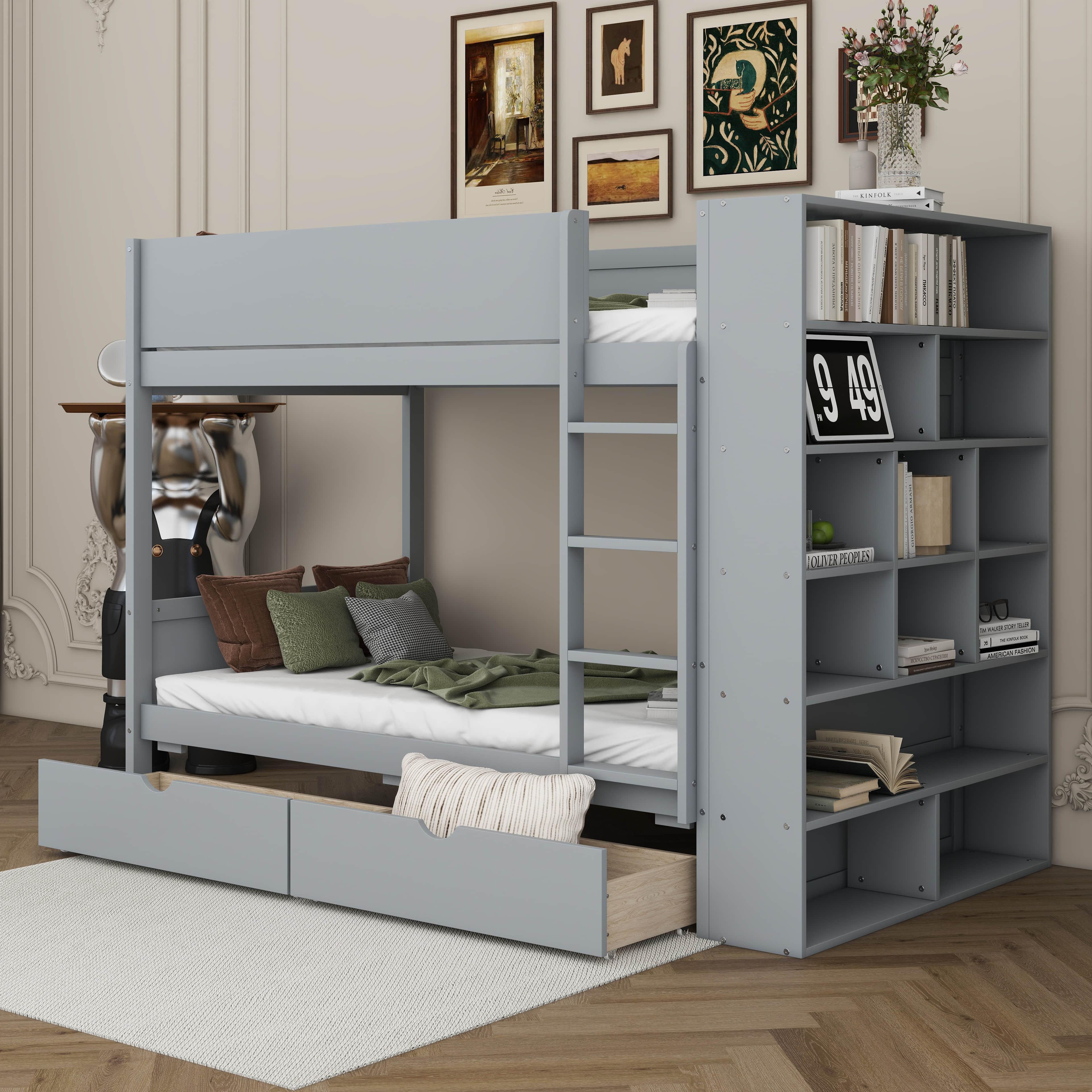 Latitude Run® Twin Over Twin Bunk Bed With Bookcase, Wood Bunk Bed ...