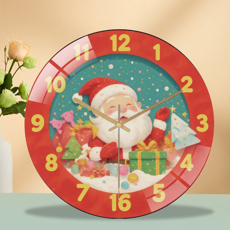 Christmas-Clock-Face-with-Santa-Gifts Art - 12'' Modern Glass Wall Clock