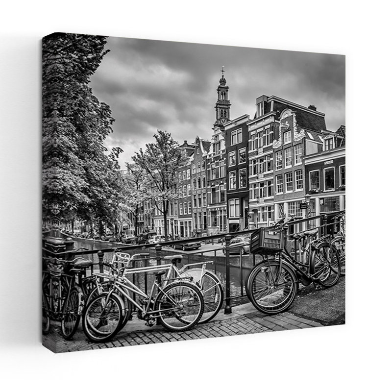 «Amsterdam Canal Bicyclcles», impression d'art abstrait de ville contemporaine colorée, 18" H x 18" W