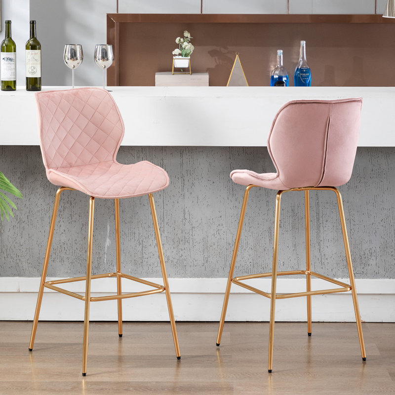 Hulda Ergonomic Bar Stools with Padded Seats and Stylish Gold Legs, Salmon Pink, Bar Stool (30” Seat Height)