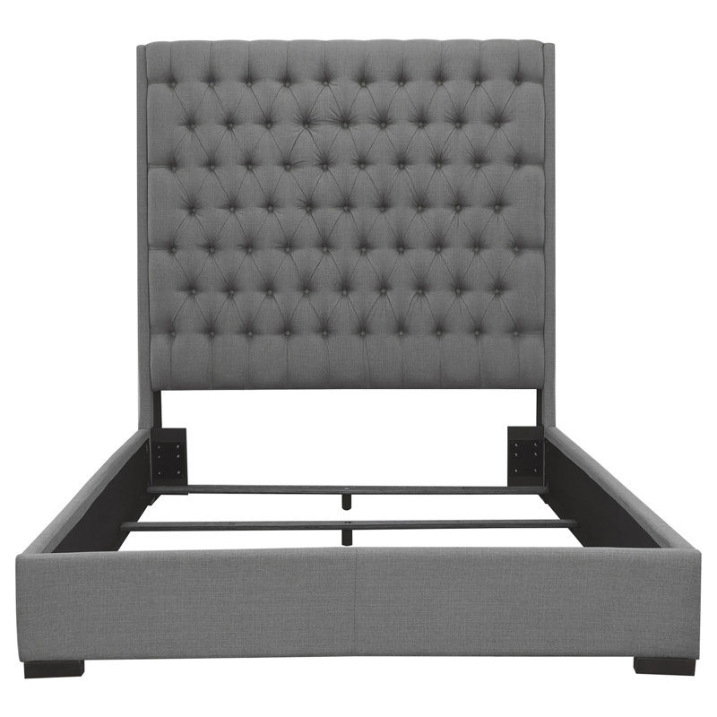 Regal Grey Upholstered King Bed with Tufted Headboard and Wood Accents