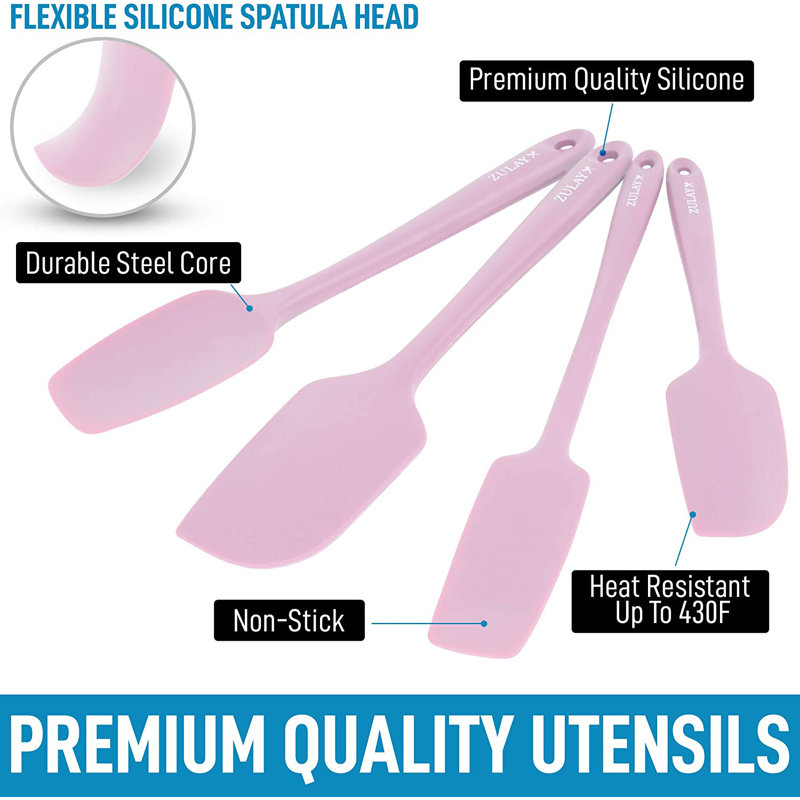 Pink Heat-Resistant Silicone Spatula Set with Stainless Steel Core