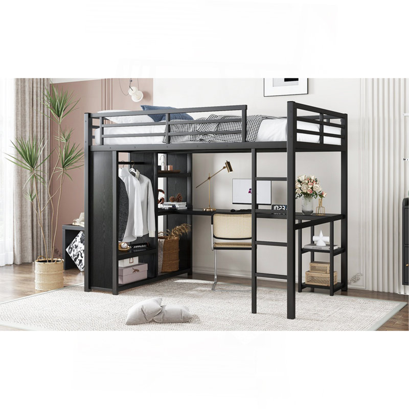 Full Size Loft Bed Frame With Built-In Wardrobe, Metal Loft Bed With Desk And Storage Shelves, Black
