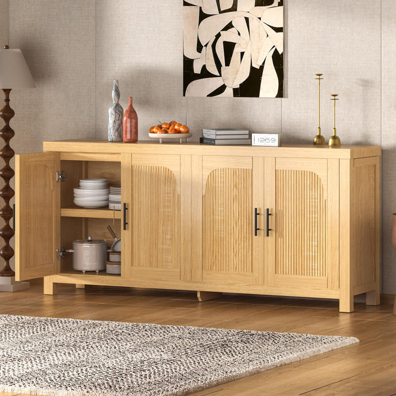 71" Sideboard Buffet Cabinet with 4 Doors, Fluted Credenza Storage Cabinet with Cable Management & Adjustable Shelves, Modern Farmhouse Accent Buffet Table for Kitchen, Living Room