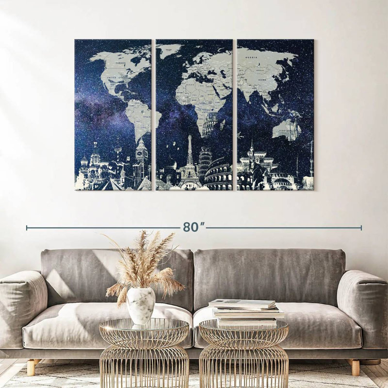 Carte du monde étoilé 3 pièces, H 57 po x l 36 po x P 1,25 po