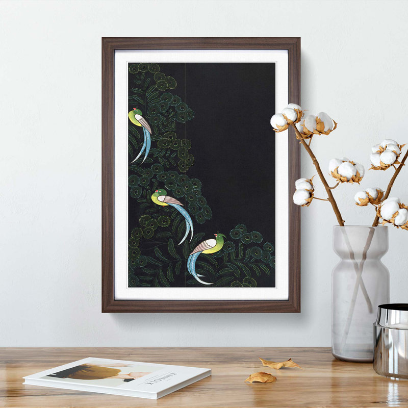 Kimono Design with Three Colourful Birds - Framed Print, Walnut, 60cm H x 40cm W x 2cm D