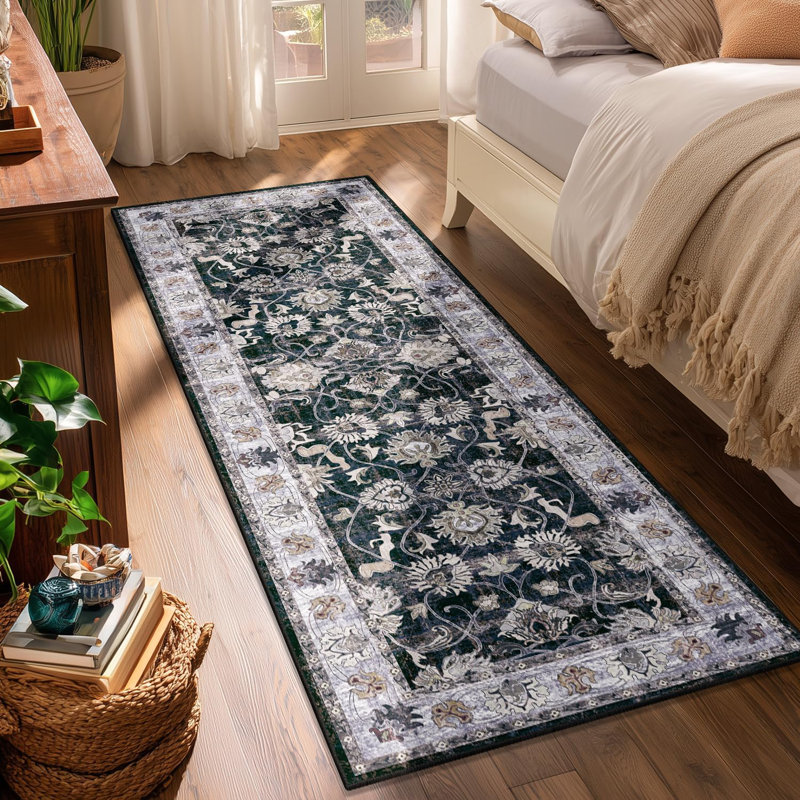 Non-Slip Vintage Floral Hallway Rug with Rubber Backing, Low Pile Non-Shedding Soft Distressed Carpet Runner for Bedroom, Kitchen, Laundry, Entrance