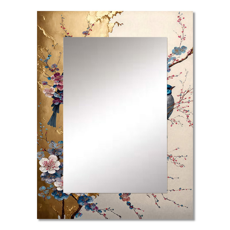 Multicolor Birds On Plum Blossoms Tree II - Bird Unique Wall Mirror Decor, Beige Large Mirror, Printed Metal Art, 32" x 24"