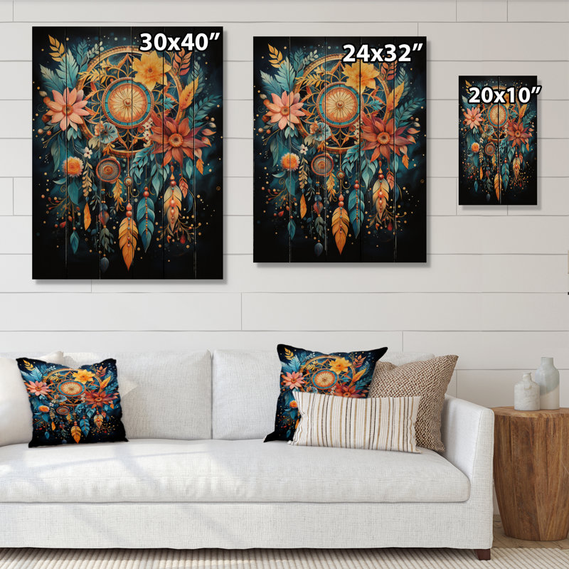 «Gold Dream Catcher Folklore Whispers I», impression de capteur de rêves sur bois de pin naturel