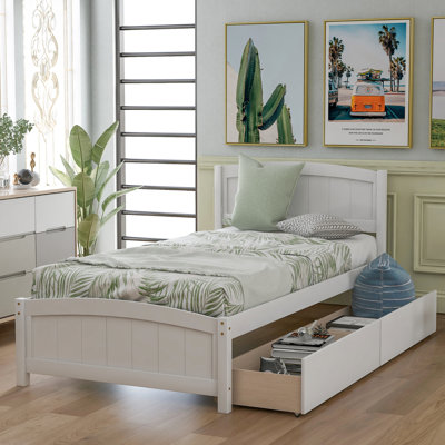 Lit plateforme simple en bois de pin massif avec deux tiroirs, élégant et durable pour les chambres modernes