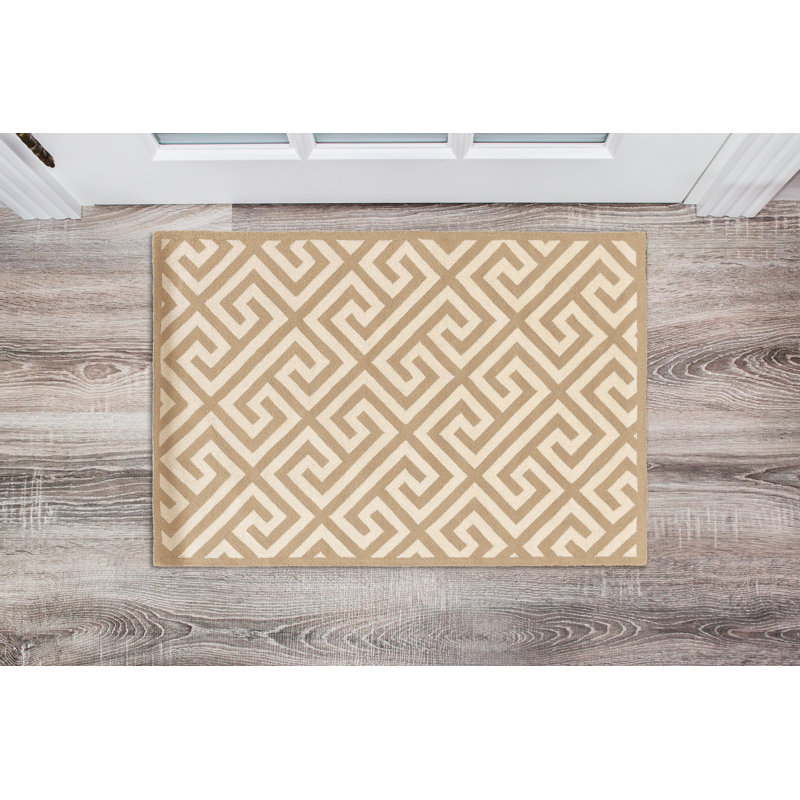 Tapis brun / ivoire géométrique en laine crocheté à la main, Rectangle 1 pi 10 po x 2 pi 10 po