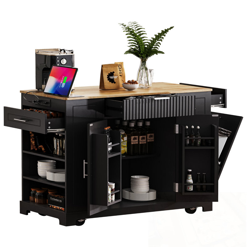 Kitchen Island with Trash Can Storage Cabinet, 3 Drawer and 3 Open Side Racks, Black
