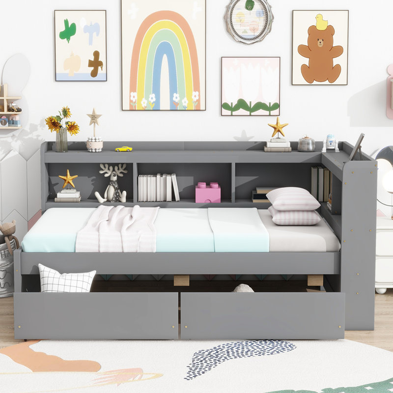 Lit avec deux tiroirs en forme de L, Grey, Lit simple