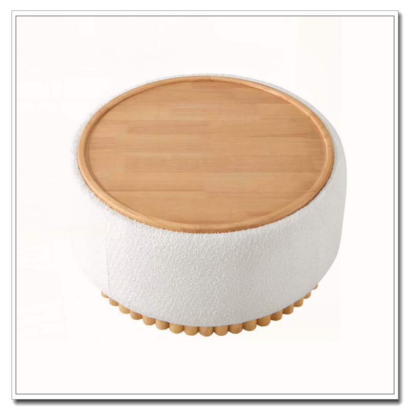 Repose-pieds de rangement rond 29 po avec pieds en bois massif, table basse moderne avec couvercle réversible, structure en bois, tissu chenille