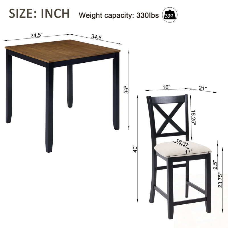 Ensemble de table de salle à manger 5 pièces à hauteur de comptoir avec 4 chaises à dossier croisé, Brun / Noir