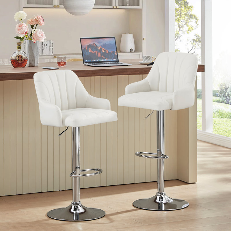 Ensemble de 2 tabourets de bar George, tabourets de bar pivotants réglables, chaises de bar en similicuir, tabouret à hauteur de comptoir rembourrée avec dossier haut pour îlot de cuisine, blanc