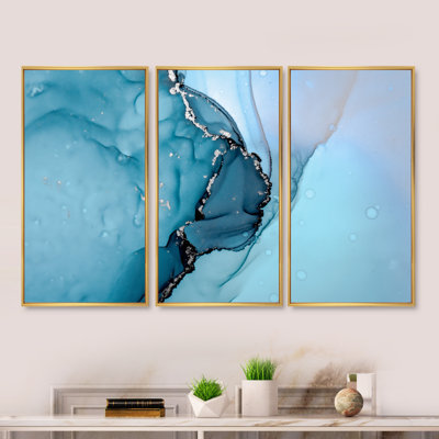 Turquoise, liquide Art Universe - 3 pièces, cadre flottant, impression sur toile